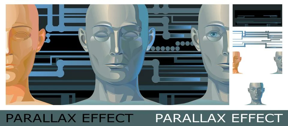 Artificial intelligence head. Face of humanoid metal robot without emotion. C Stock Illustration