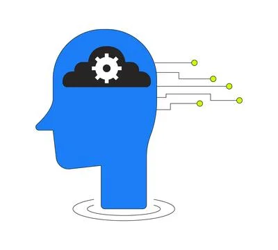 Artificial intelligence head with gear and cloud circuits 2D cartoon object 스톡 일러스트