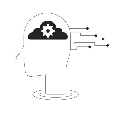 Artificial intelligence head with gear and cloud circuits 2D line object Stock Illustration