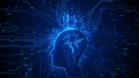 Artificial intelligence head glowing blue circuits, binary code, digital brain s Stock Footage 340452963