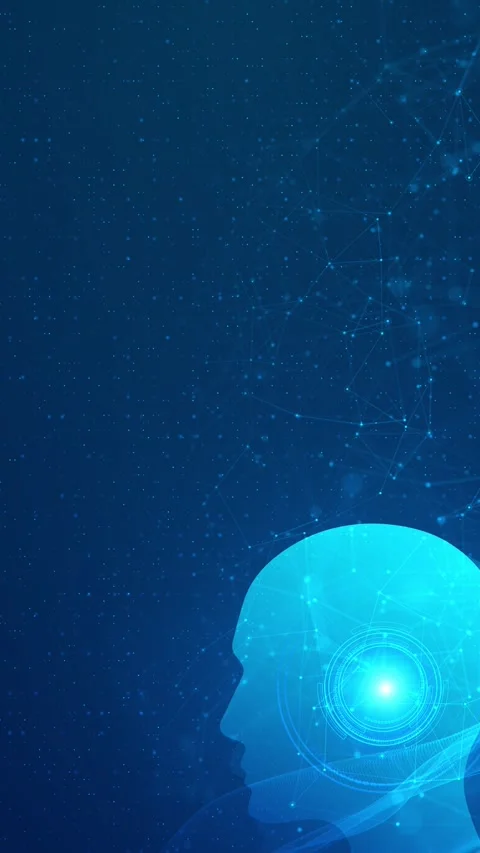 Artificial intelligence head HUD cyan profile, circular interface graphics, floa Stock Footage 340567192
