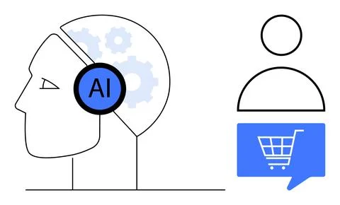 Artificial intelligence head with human profile and shopping cart in speech.. Stock Illustration