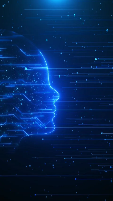 Artificial intelligence head interface blue binary streams, glowing particles Stock Footage 333976601