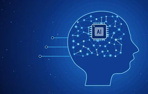 Artificial intelligence head silhouette with AI microchip and glowing neural Stock Illustration