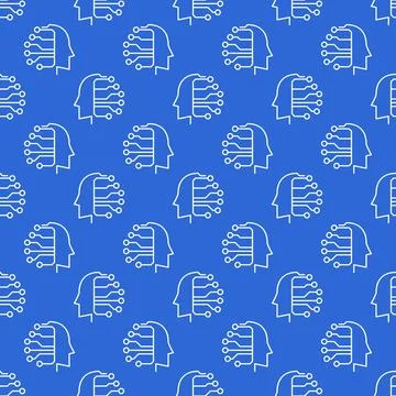 Artificial Intelligence Head vector Technology blue line seamless pattern 库存插图