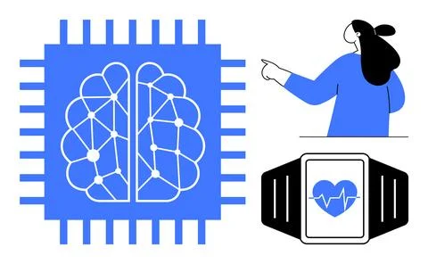 Artificial Intelligence for Healthcare Brain Processor and Smartwatch Stock Illustration