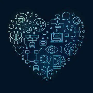 Artificial Intelligence Heart outline blue banner - AI and ML Technology co.. Stock Illustration