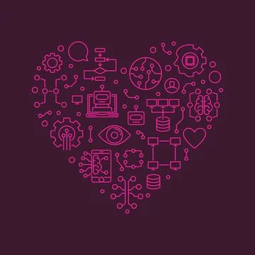 Artificial Intelligence heart shaped creative line banner - AI and ML Techn.. Stock Illustration