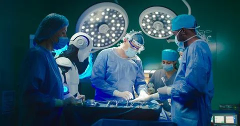 Artificial intelligence helps doctors perform surgery. Diverse team of Stock Photos