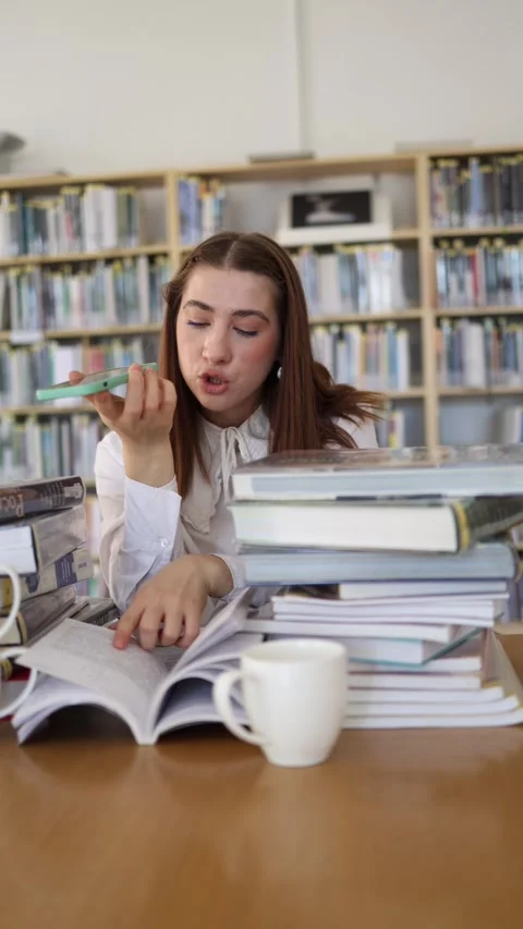 Artificial intelligence helps student find answers while studying in library Stockbeeldmateriaal 342178615