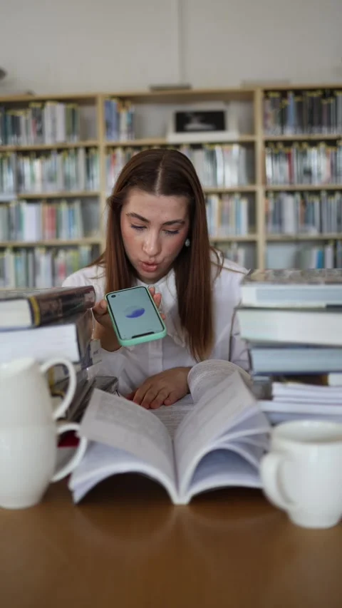 Artificial intelligence helps young student prepare for exams in library Stock-Footage 342178632