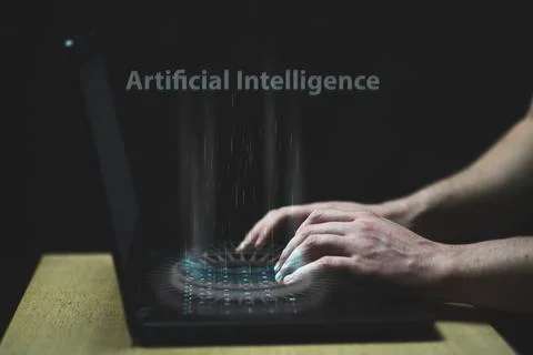 Artificial intelligence hologram on PC keyboard. AI versus Human being concept Stock Photos