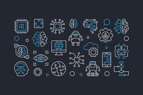 Artificial Intelligence horizontal outline vector AI banner Stock Illustration