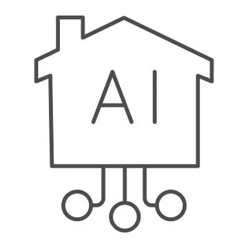 Artificial intelligence house and network thin line icon, smart home symbol Stock Illustration