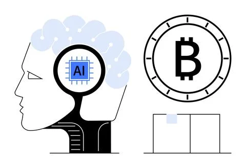 Artificial Intelligence in Human Brain and Cryptocurrency Bitcoin Symbol Hi.. Stock Illustration