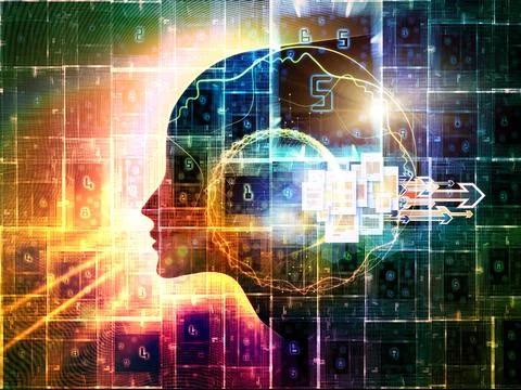 Artificial Intelligence Human Head with Digital Data Network Stock Illustration