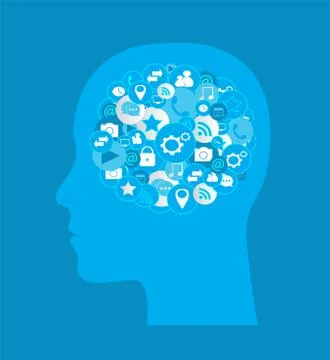 Artificial intelligence human head with social media icons blue 스톡 일러스트