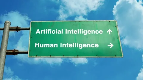 Artificial Intelligence Human Intelligence Green Road Sign on Cloudy Sky Stock Footage 303530379