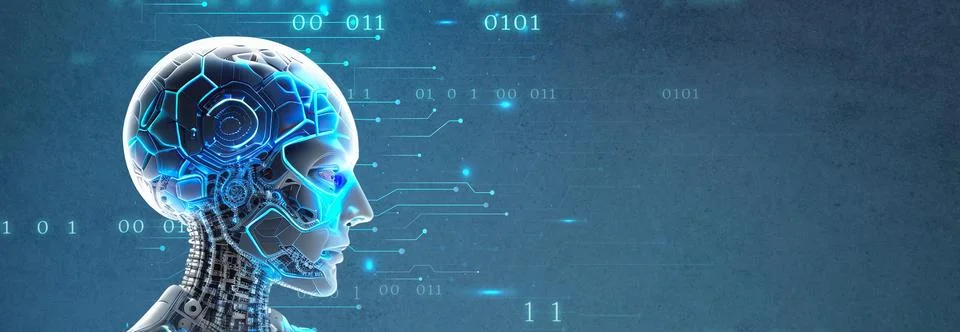 Artificial intelligence, humanoid cyborg with neural network thinks. Artifi.. 스톡 일러스트