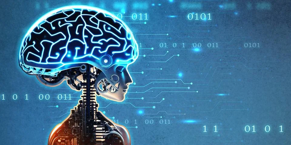 Artificial intelligence, humanoid cyborg with neural network thinks. Artifi.. 스톡 일러스트