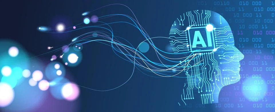 Artificial intelligence in humanoid head with neural network thinks. big data Stock Illustration