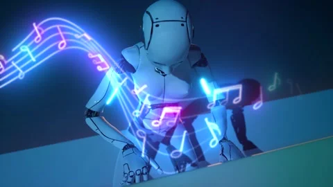 Artificial intelligence humanoid robot play on piano with sheet music neon l Stock Footage 246680296