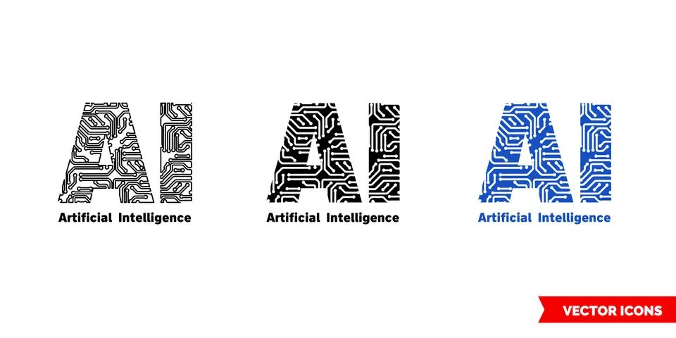 Artificial intelligence icon of 3 types color, black and white, outline Illustrazione stock