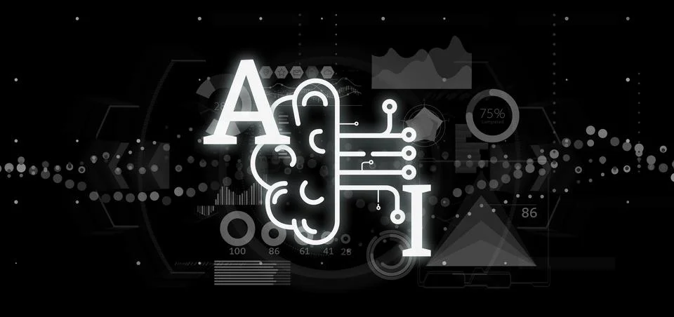Artificial intelligence icon with half brain and half circuit 3d rendering Stockillustratie