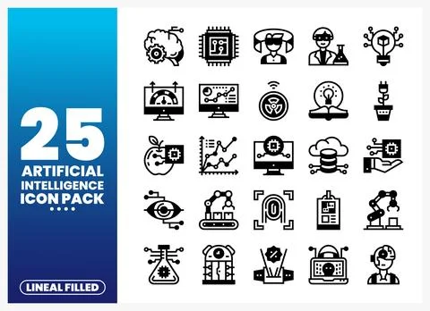 Artificial Intelligence icon pack with brain. robot arm. cloud. and data gr.. Stock Illustration