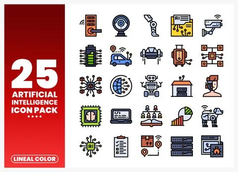 Artificial intelligence icon pack with computer chips. robots. and smart de.. Ilustração Stock