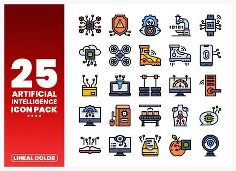 Artificial Intelligence icon pack display. showcasing lineal color icons. Stock Illustration