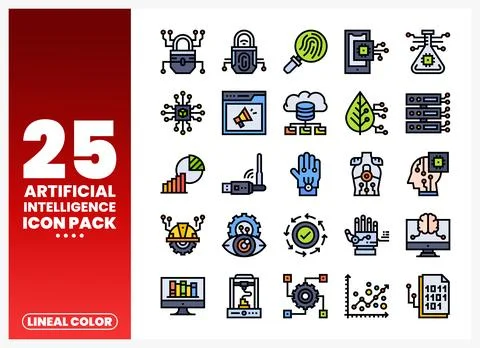 Artificial Intelligence icon pack featuring security. data. and tech symbol.. Stock Illustration