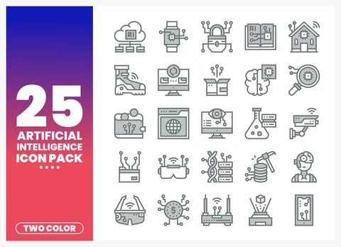 Artificial Intelligence icon pack with icons in two colors. digital technolog Stock Illustration