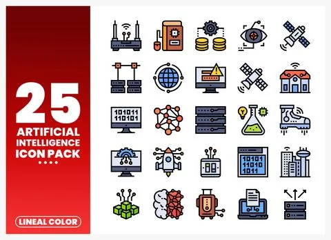 Artificial intelligence icon pack with lineal color design elements on white Stock Illustration