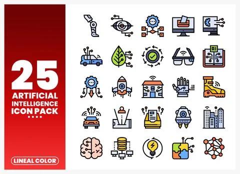 Artificial Intelligence icon pack with lineal color graphics. Stock Illustration