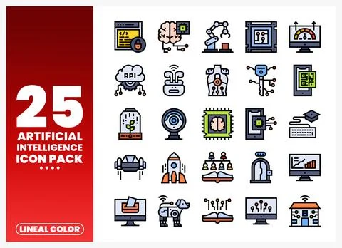 Artificial Intelligence icon pack with lineal color icons for technology an.. 스톡 일러스트