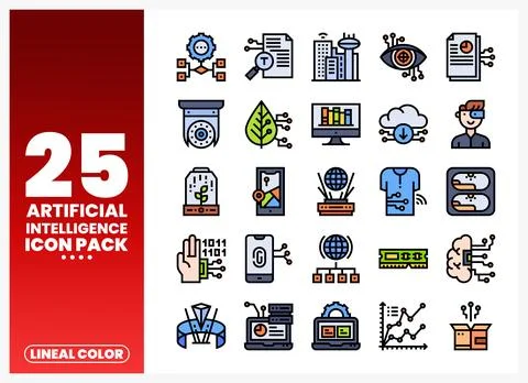 Artificial Intelligence Icon Pack in Lineal Color Style 库存插图