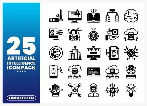 Artificial intelligence icon pack with lineal filled icons Stock Illustration
