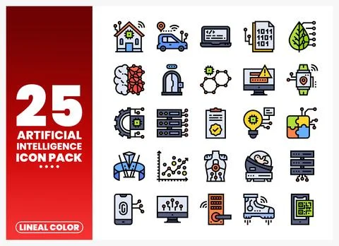 Artificial Intelligence Icon Pack with Lineal Color Style Stock Illustration