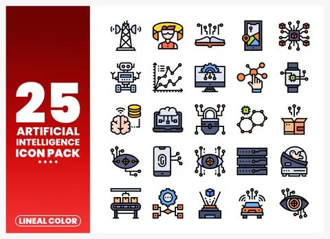 Artificial Intelligence icon pack with lineal color icons displayed on a wh.. Stock Illustration