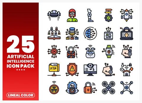 Artificial intelligence icon pack with robot arm. drone. and AI head. Diver.. Stock Illustration