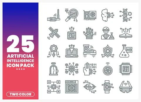 Artificial intelligence icon pack with two-color vector graphics. Stock Illustration