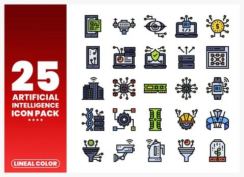 Artificial intelligence icon pack with various technology symbols and icons.. Stock Illustration