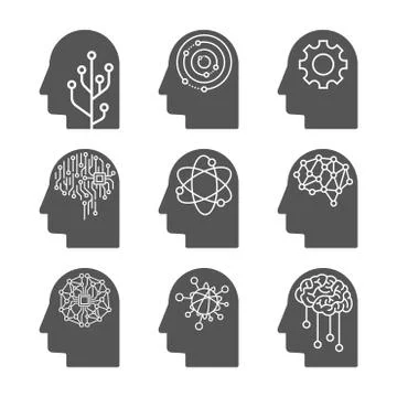 Artificial Intelligence icon set. AI heads. Deep machine learning concept Stock Illustration