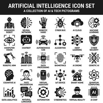 Artificial Intelligence Icon Set Collection of AI and Tech Pictograms Featu.. Stock Illustration