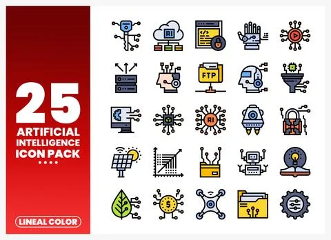 Artificial intelligence icon set. digital technology symbols in lineal colo.. Stock Illustration