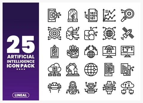 Artificial intelligence icon set with diverse technology symbols on a white.. Stock Illustration