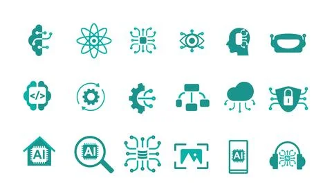 Artificial Intelligence Icon Set. Features editable icons for AI technology Stock Illustration
