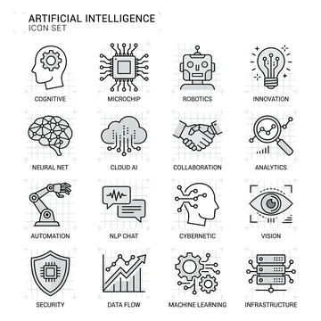 Artificial Intelligence Icon Set featuring Cognitive, Microchip, Robotics, .. Stock Illustration