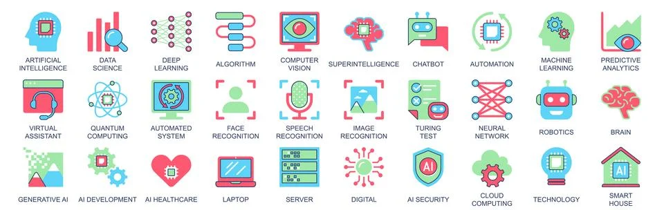 Artificial intelligence icon set in flat color icons web design. Pack pictogr Illustrazione stock